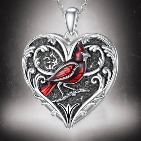 Heart Cardinal Pendant Necklace Red Bird Filigree New Gift Heaven Memorial - Picture 2 of 4